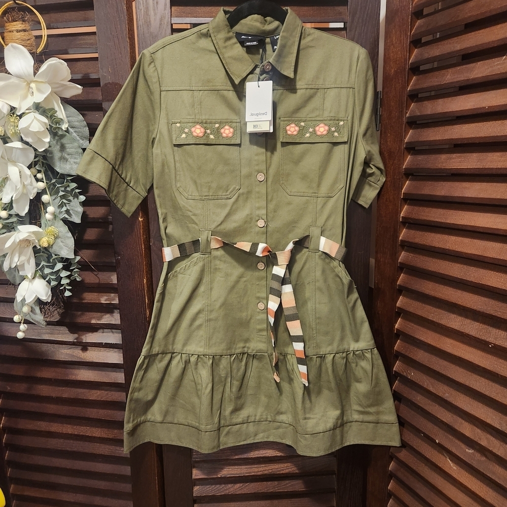 Desigual Olive Green Mini Dress with Floral Embroidery